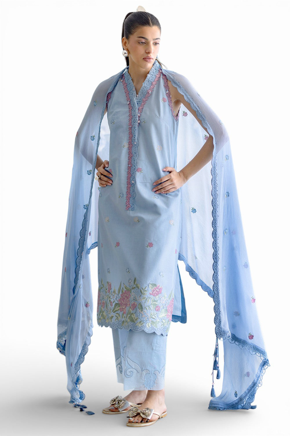 3 Piece Embroidered Lawn Suit With Chiffon Dupatta