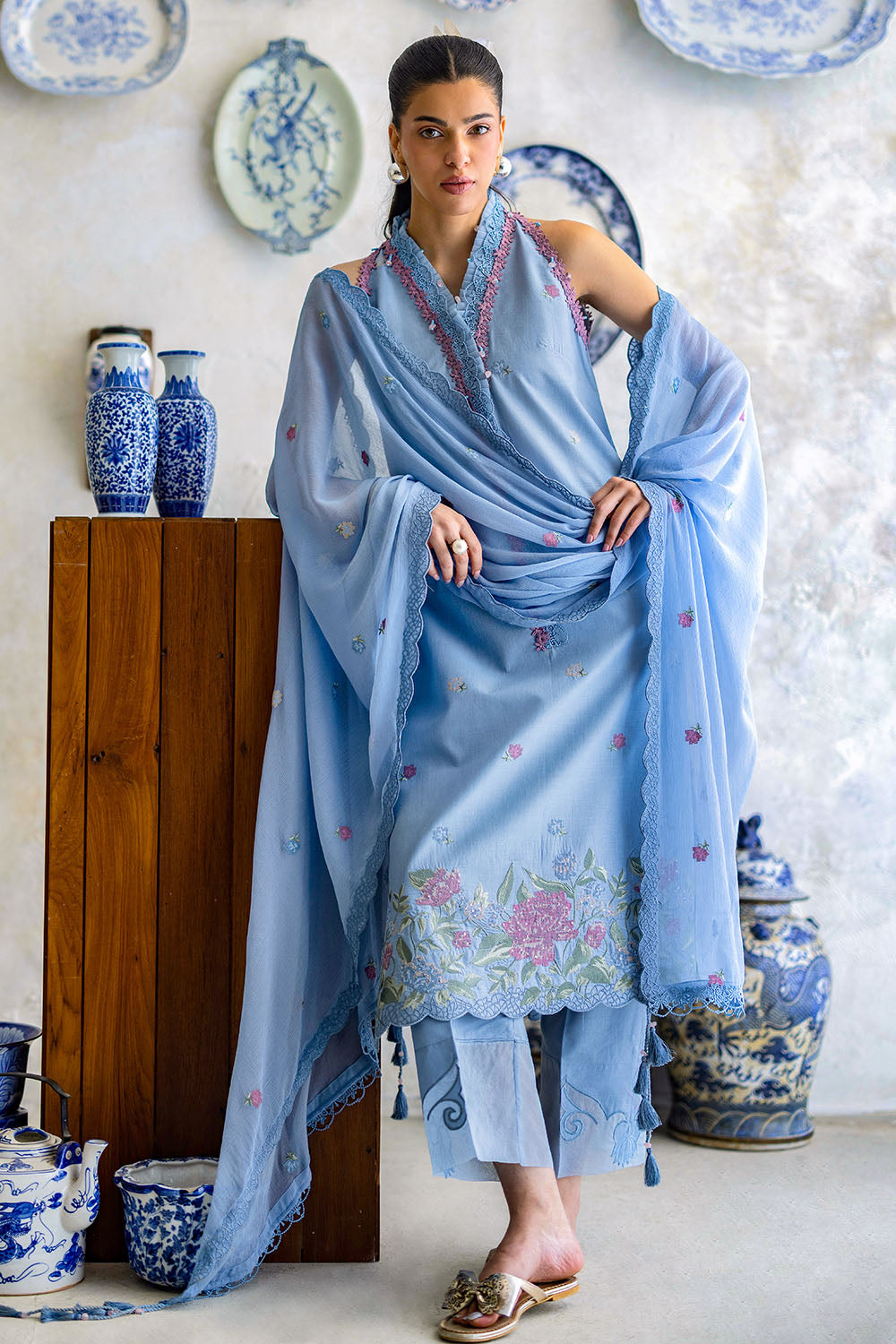3 Piece Embroidered Lawn Suit With Chiffon Dupatta