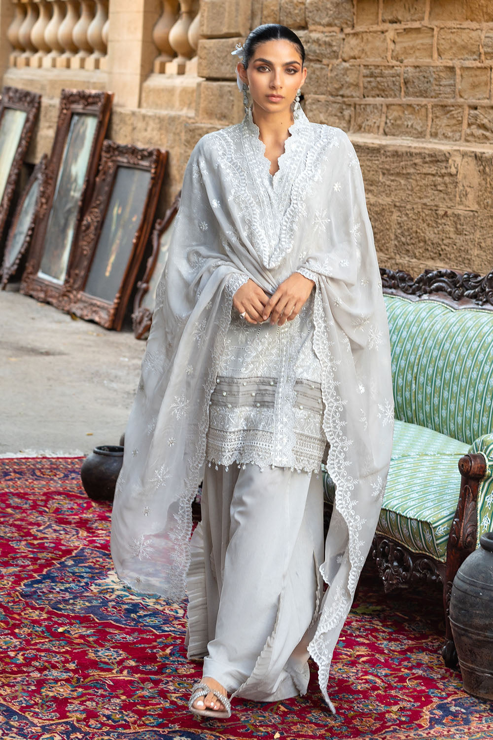 3 Piece Embroidered Lawn Suit with Borders and Chiffon Dupatta