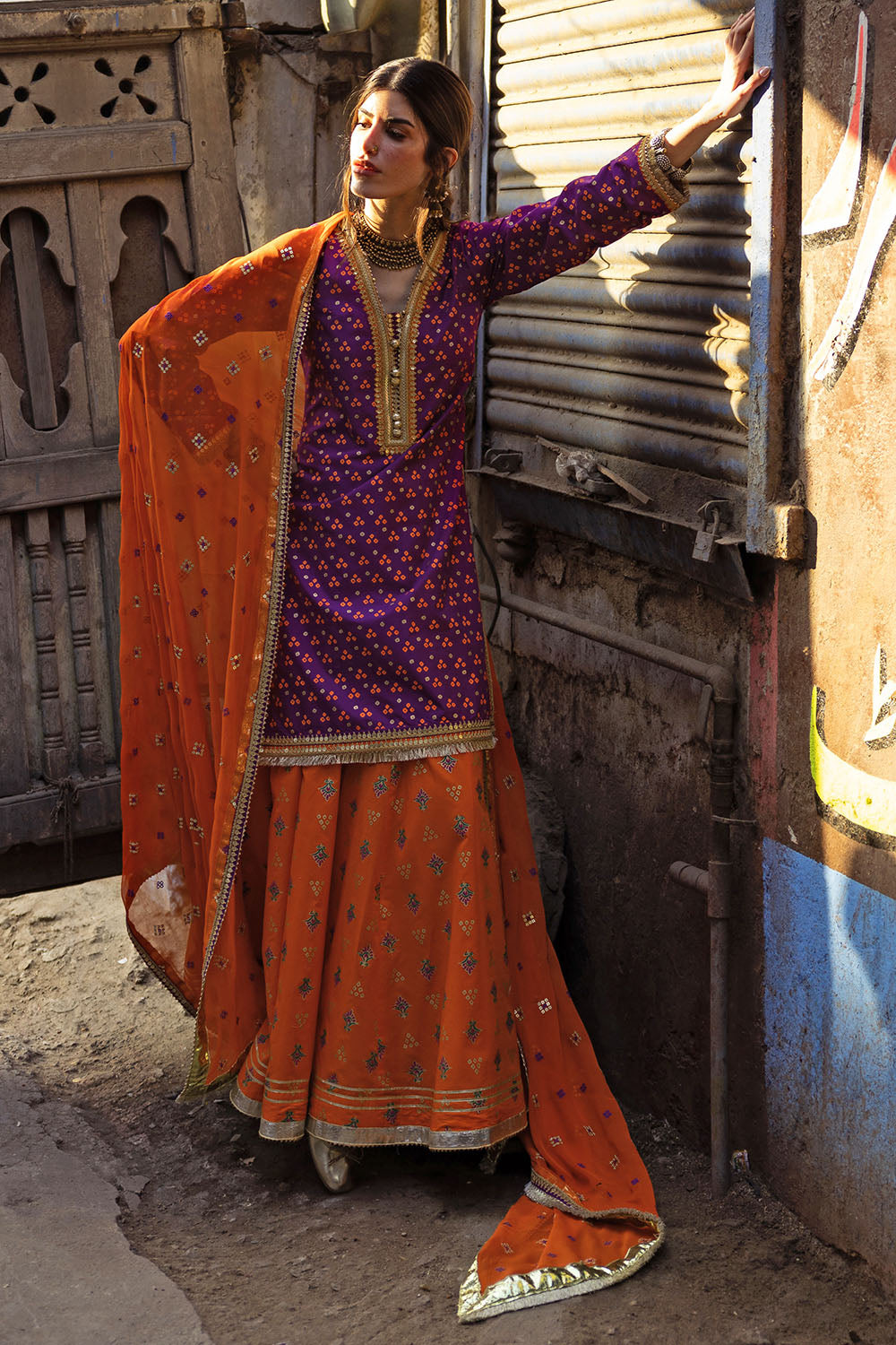 3 Piece Gold and Lacquer Printed Lawn Suit with Embroidered Chiffon Dupatta and Gold and Lacquer Printed Trouser