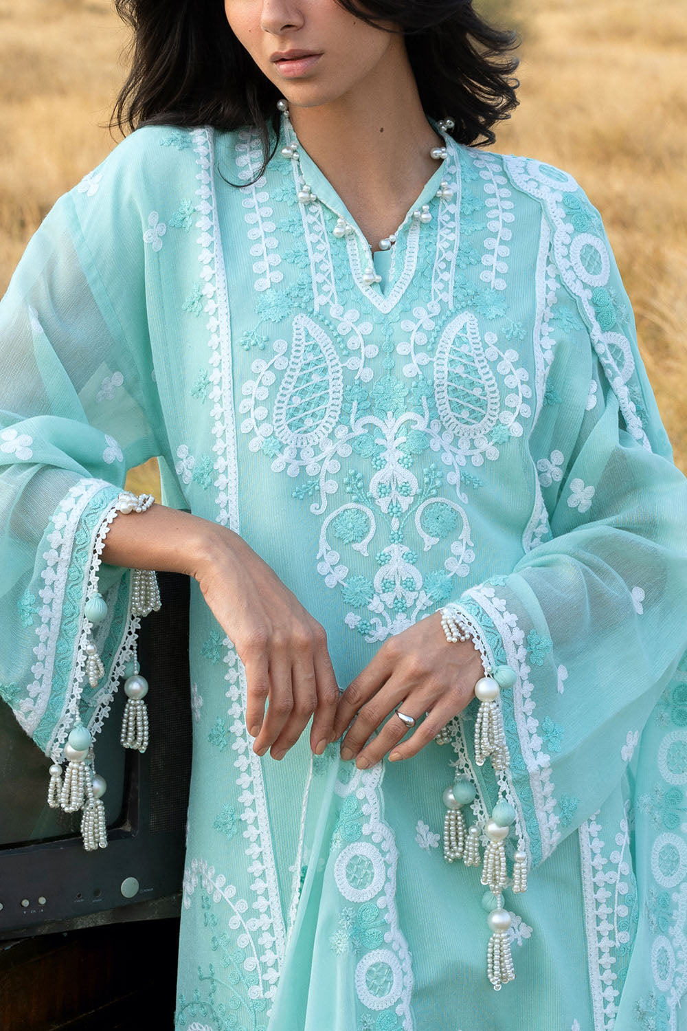 3 Piece Embroidered Cotton Net Suit With Embroidered Chiffon Dupatta
