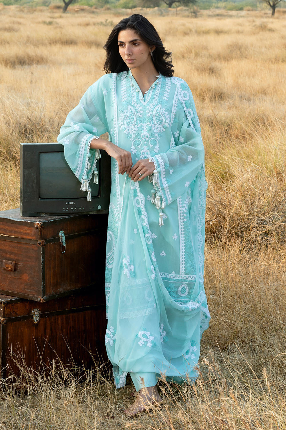 3 Piece Embroidered Cotton Net Suit With Embroidered Chiffon Dupatta