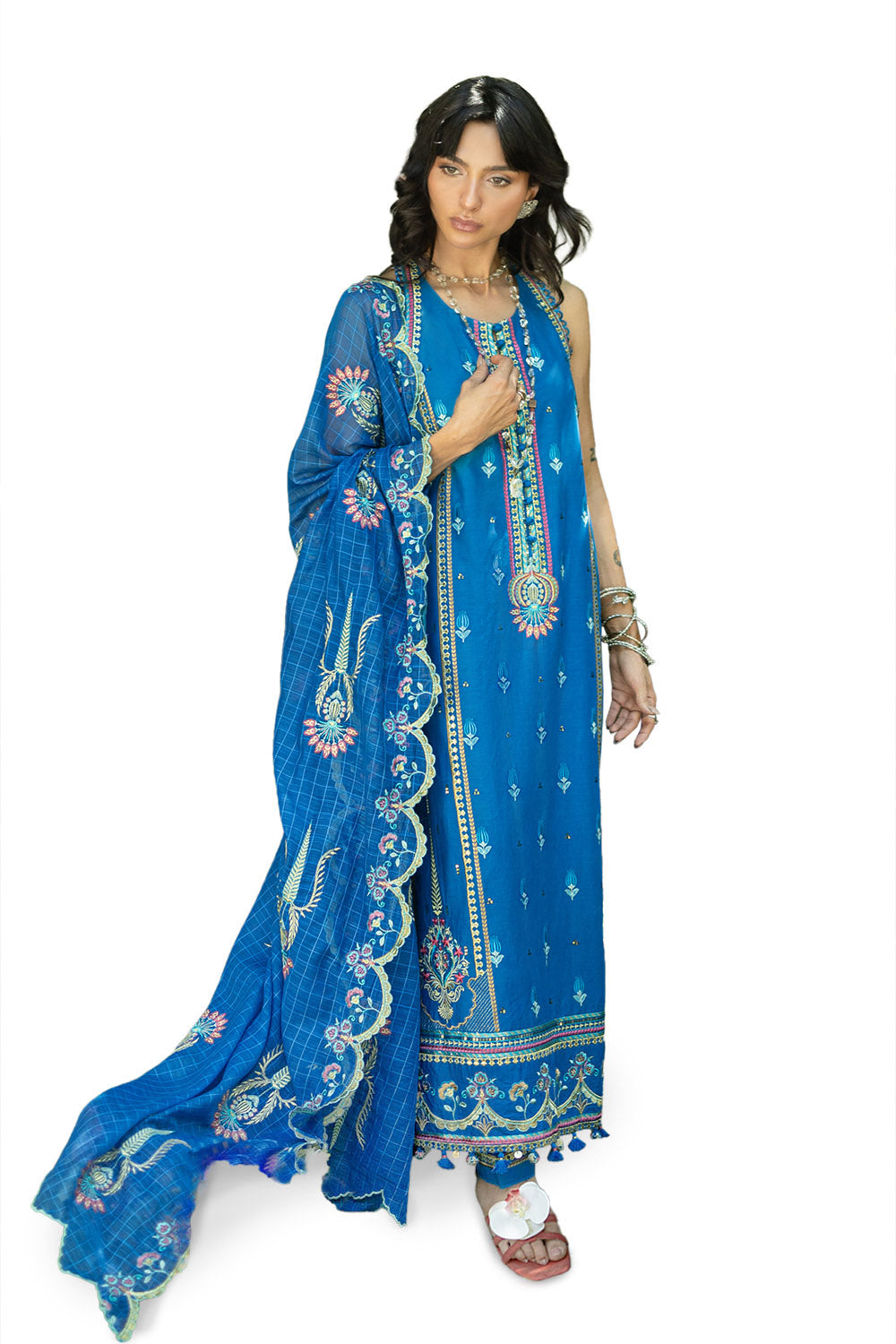 3 Piece Embroidered Lawn Suit with Embroidered Organza Borders and Embroidered Paper Cotton Dupatta