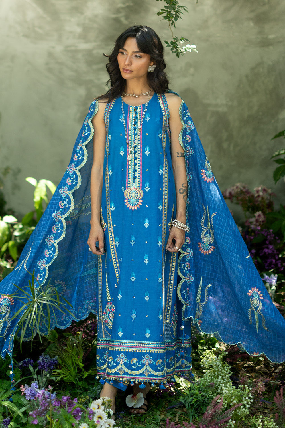 3 Piece Embroidered Lawn Suit with Embroidered Organza Borders and Embroidered Paper Cotton Dupatta
