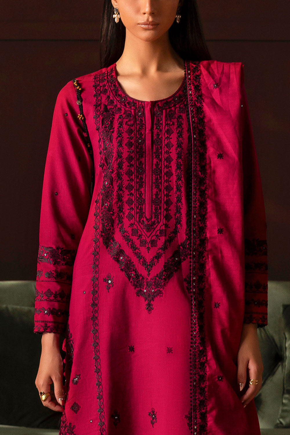3 Piece Embroidered Cotton Linen Stripe Suit