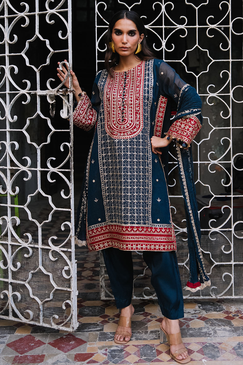 3 Piece Embroidered Cotton Net Suit with Neckline, Borders and Embroidered Cotton Net Dupatta