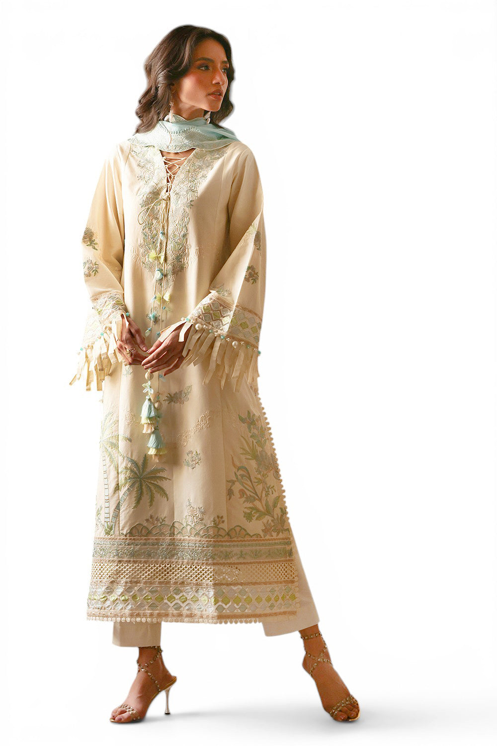 3 Piece Embroidered Lawn Suit with Organza Borders and Embroidered Printed Denting Lawn Dupatta