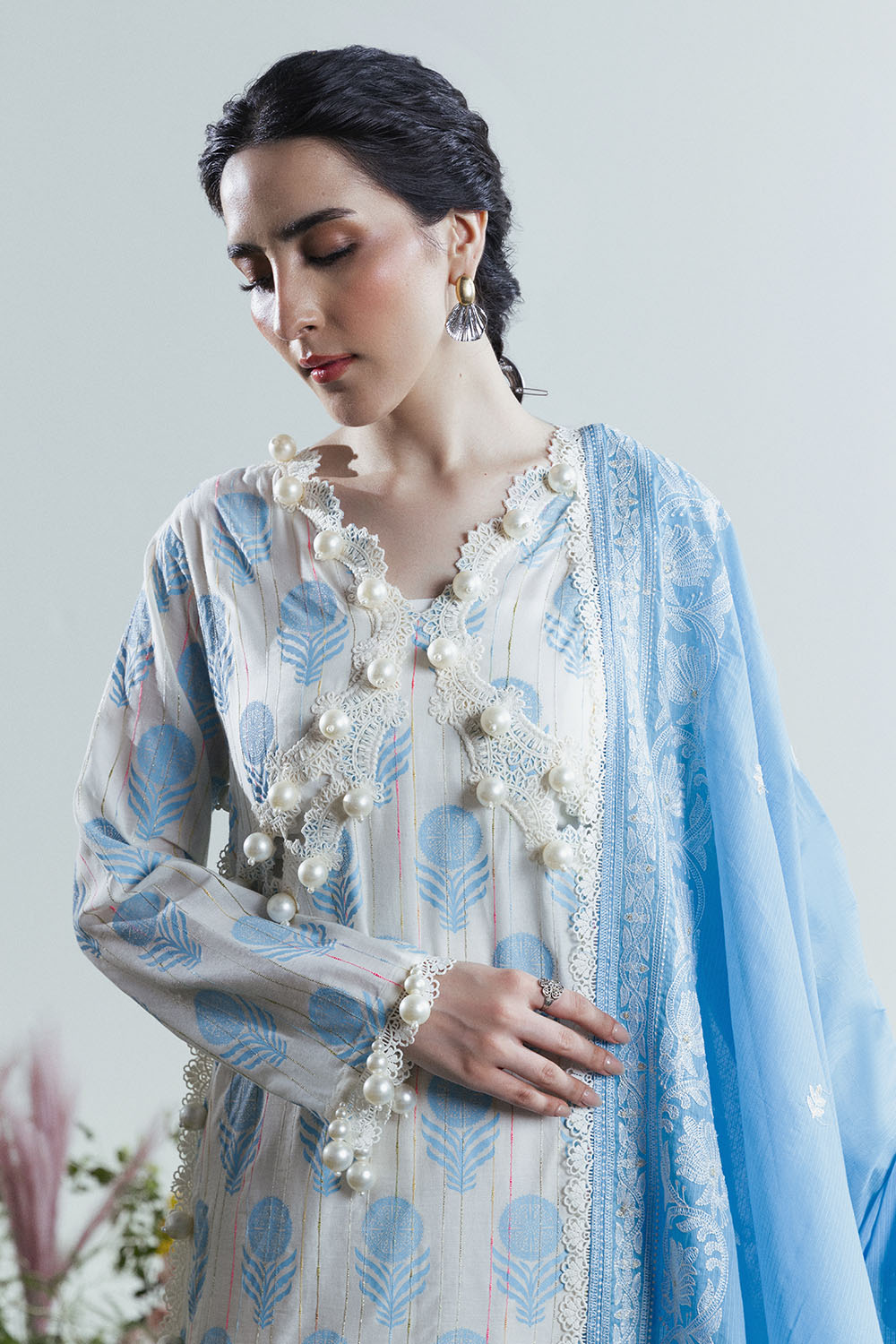 3 Piece Lacquer Printed Slub Yarn Suit With Embroidered Dupatta