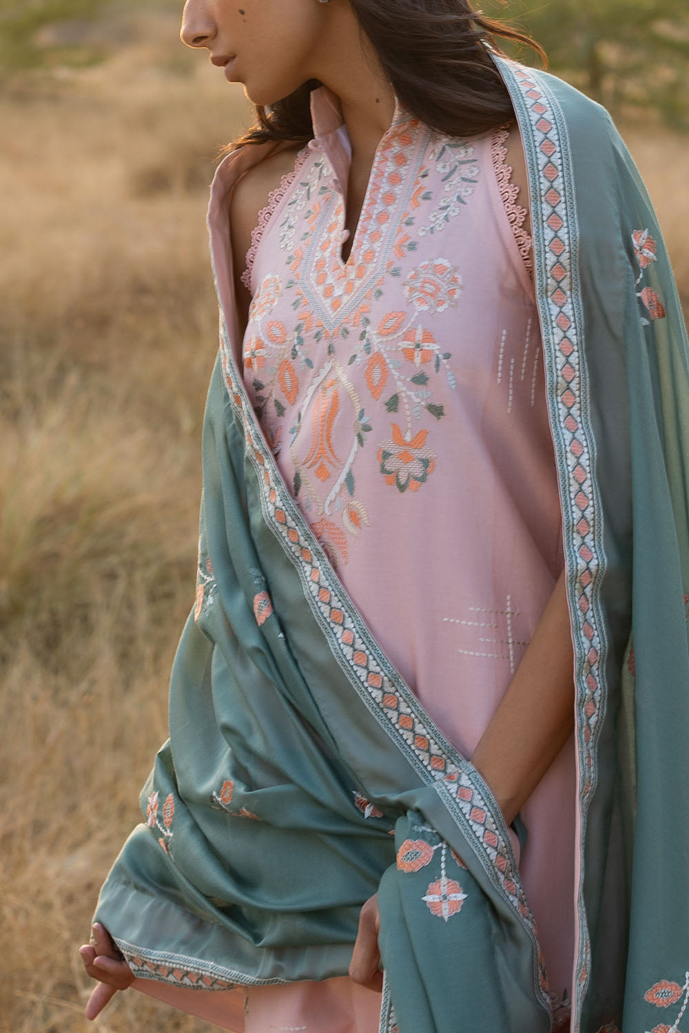 2 Piece - Embroidered Chiffon Suit