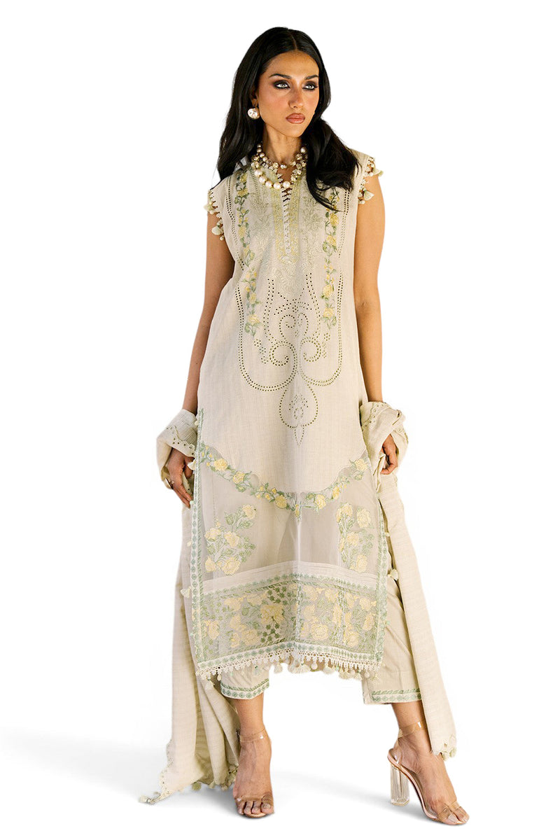 3 Piece Embroidered Zari Stripe Suit With Organza Borders And Embroidered Jacquard Dupatta