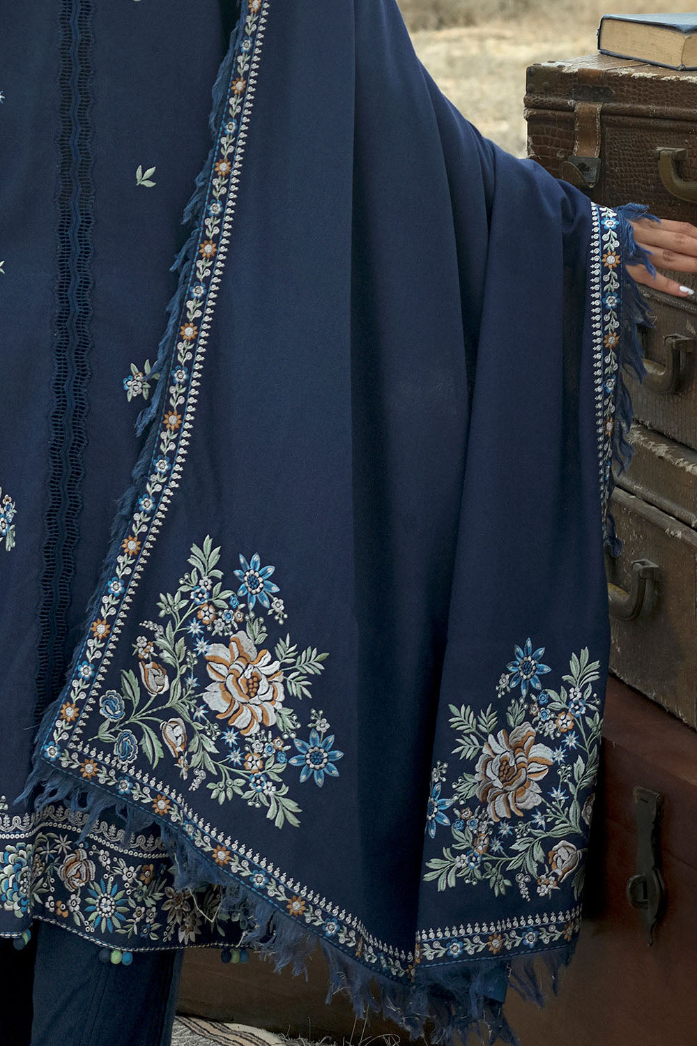 3 Piece Embroidered Karandi Suit with Embroidered Karandi Dupatta