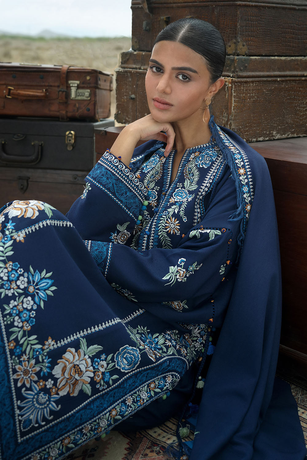 3 Piece Embroidered Karandi Suit with Embroidered Karandi Dupatta