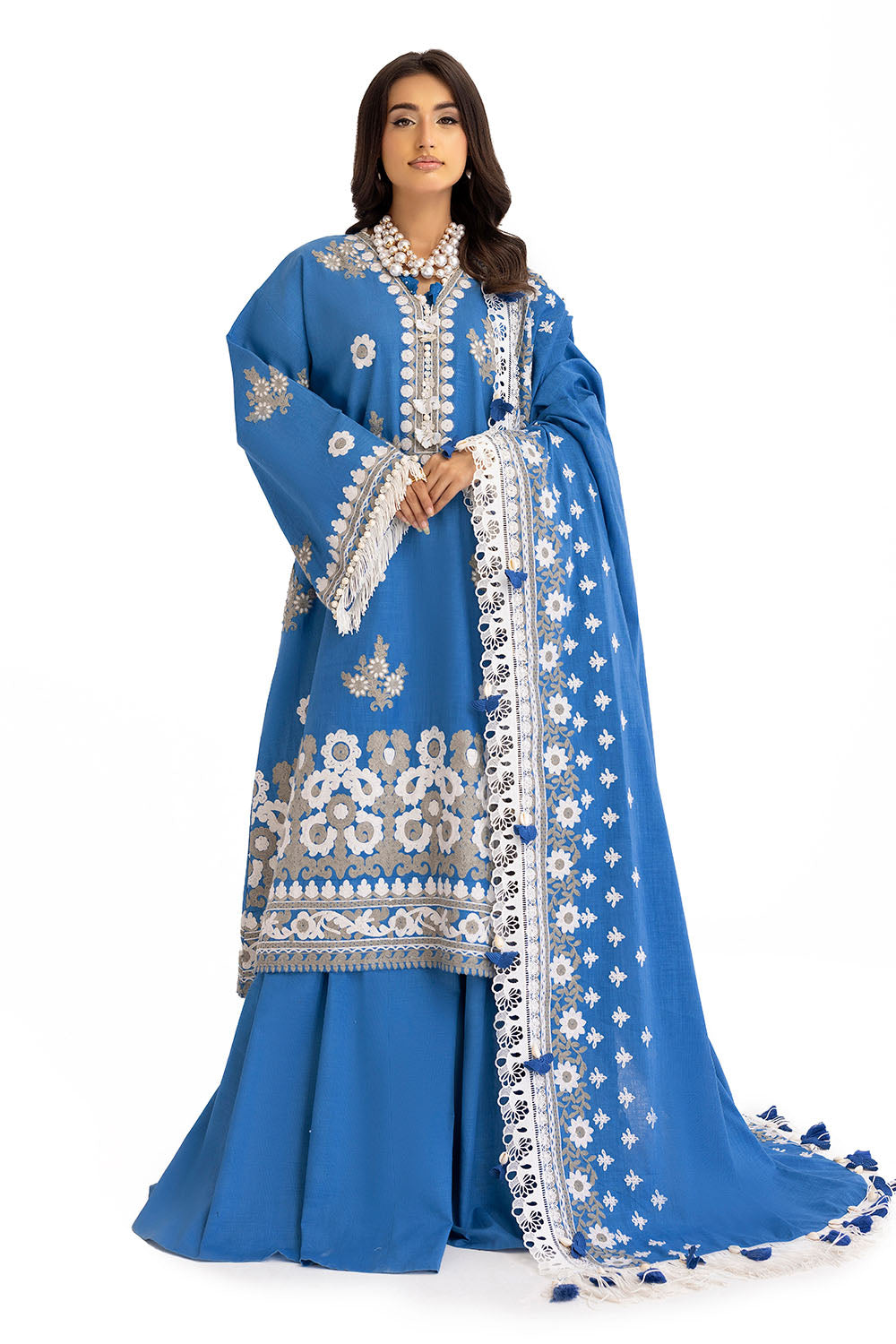 3 Piece Embroidered Khaddar Suit with Organza Neckline and Dupatta