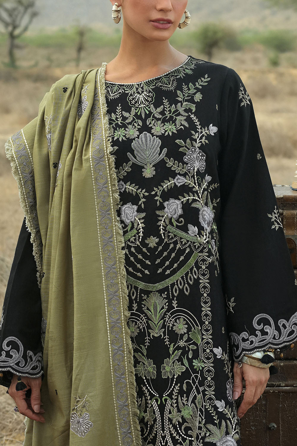 3 Piece Embroidered Khaddar Suit with Embroidered Khaddar Dupatta