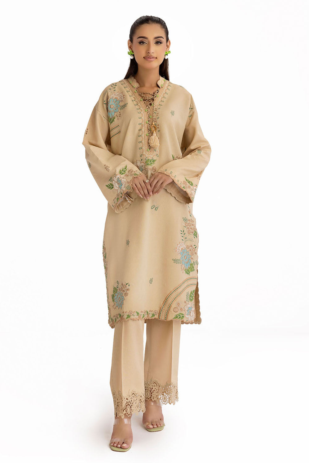 2 Piece Embroidered Karandi Suit with Organza Border