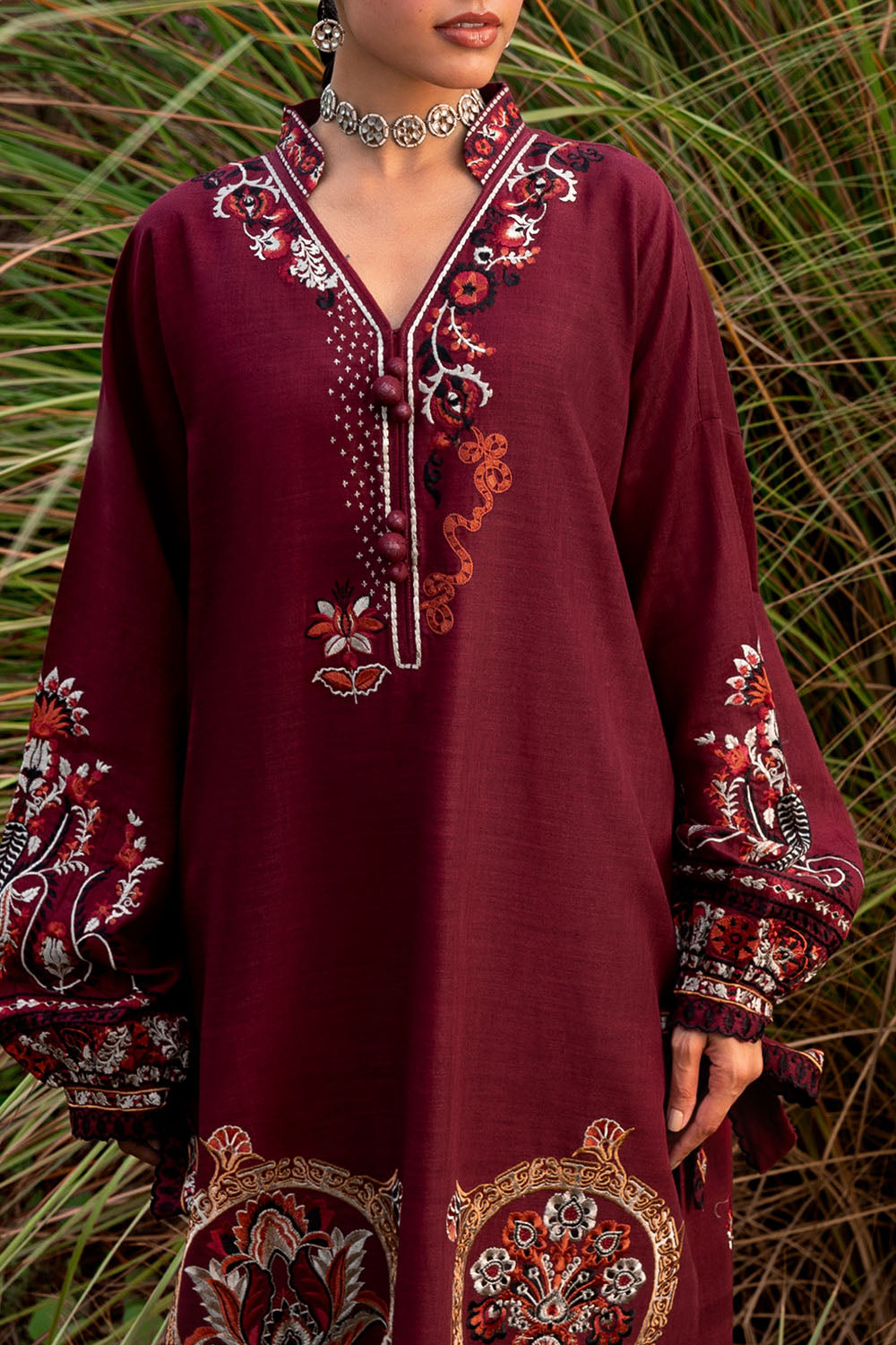 2 Piece Embroidered Khaddar Suit With Borders And Pockets Lace