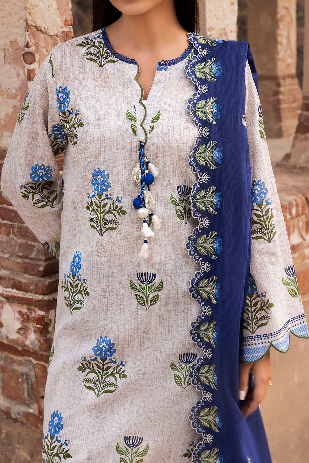 3 Piece Printed Lawn Suit With Embroidered Denting Dupatta And Printed Trouser