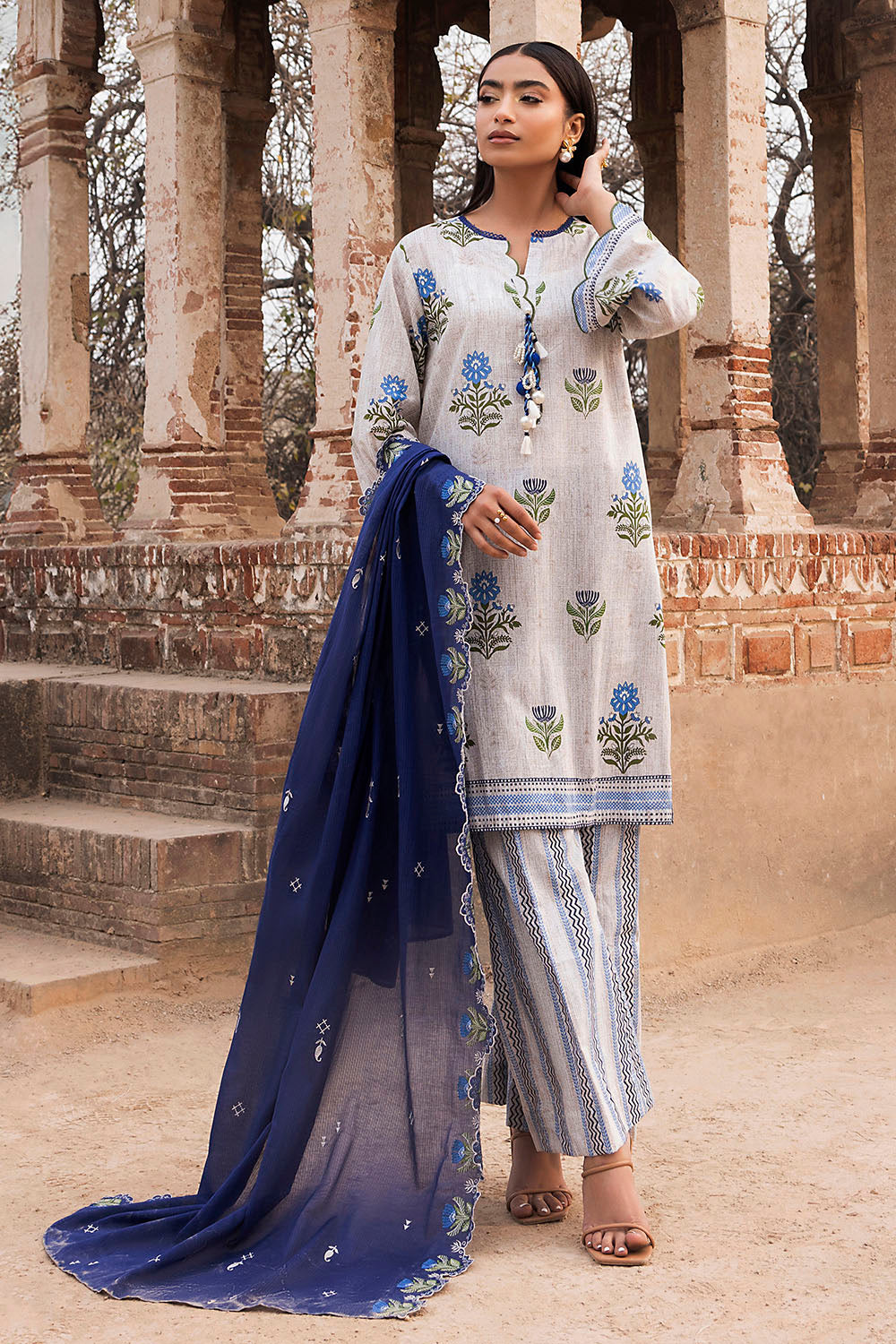 3 Piece Printed Lawn Suit With Embroidered Denting Dupatta And Printed Trouser