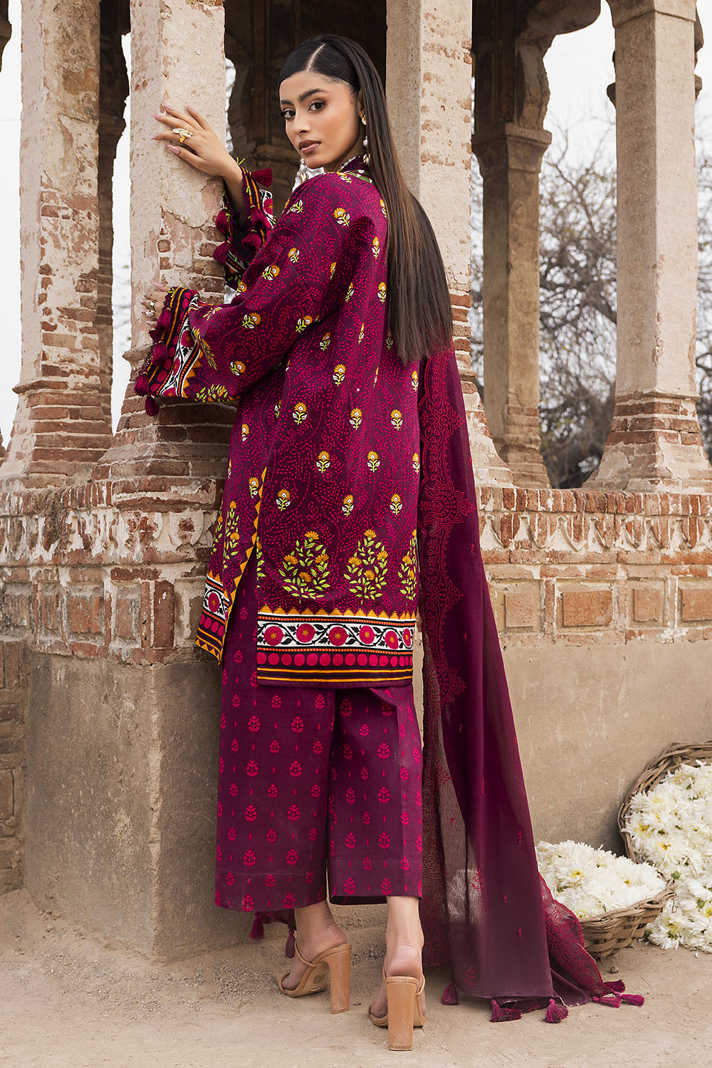3 Piece Printed Lawn Suit With Embroidered Denting Dupatta And Printed Trouser