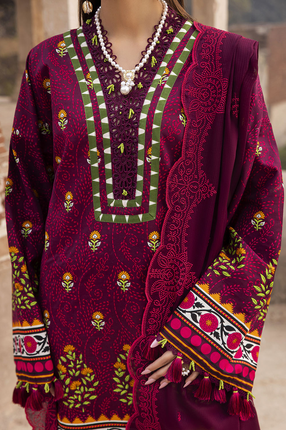 3 Piece Printed Lawn Suit With Embroidered Denting Dupatta And Printed Trouser