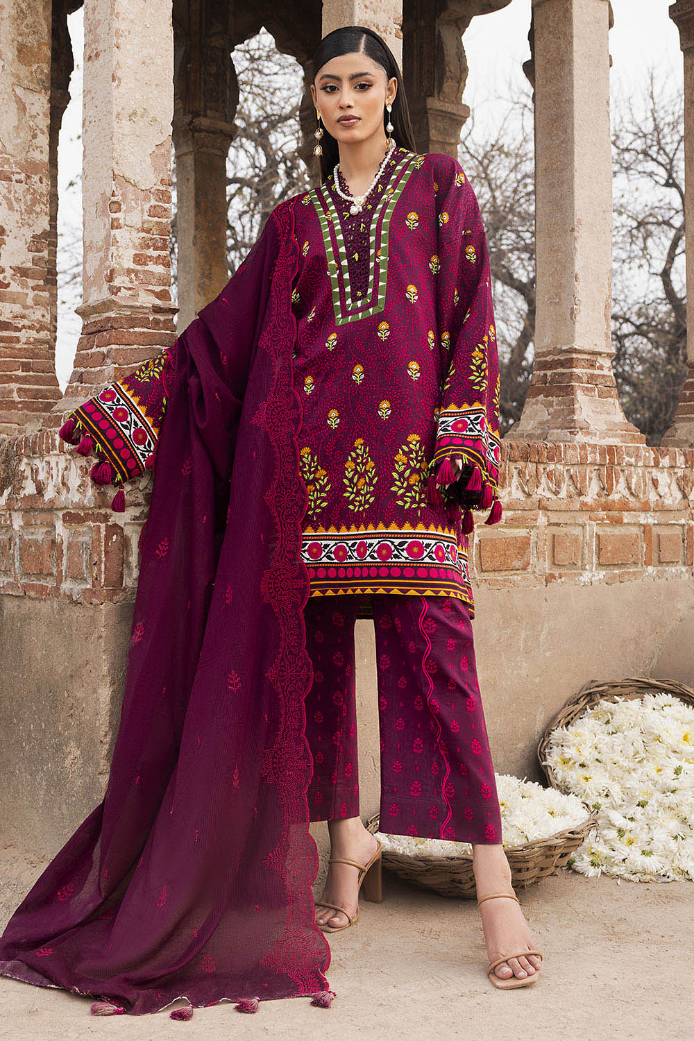 3 Piece Printed Lawn Suit With Embroidered Denting Dupatta And Printed Trouser