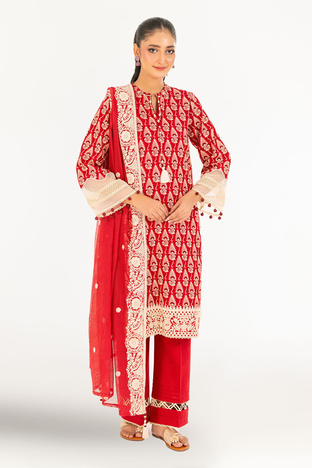 3 Piece Embroidered Khaddar Suit With Net Dupatta