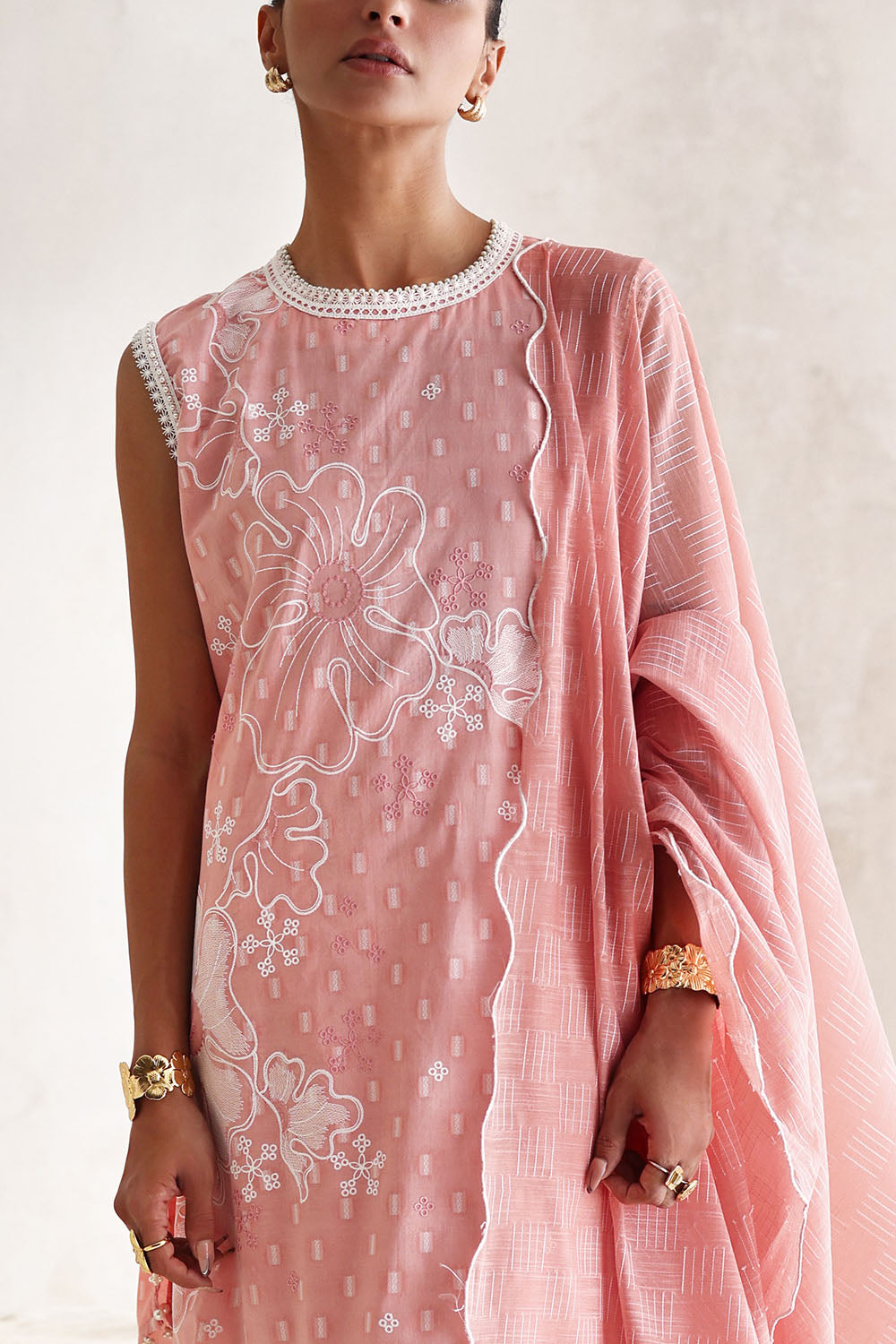 3 Piece Embroidered Jacquard Suit with Paper Cotton Dupatta and Embroidered Pallu