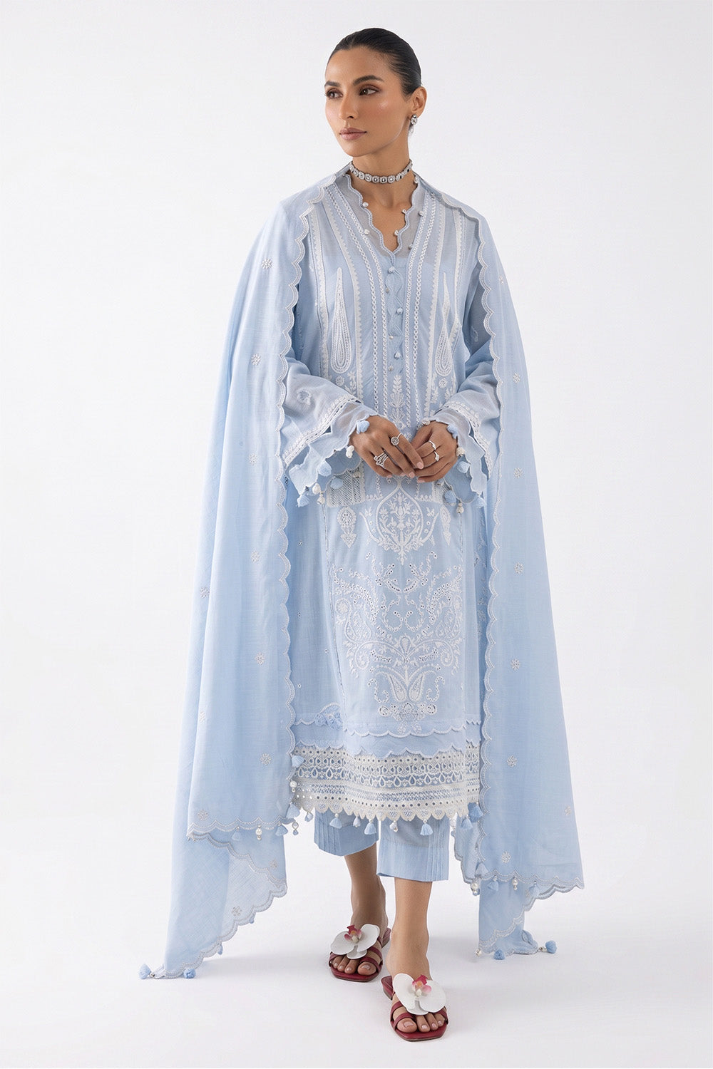 3 Piece Embroidered Lawn Suit with Embroidered Organza Borders and Embroidered Paper Cotton Dupatta