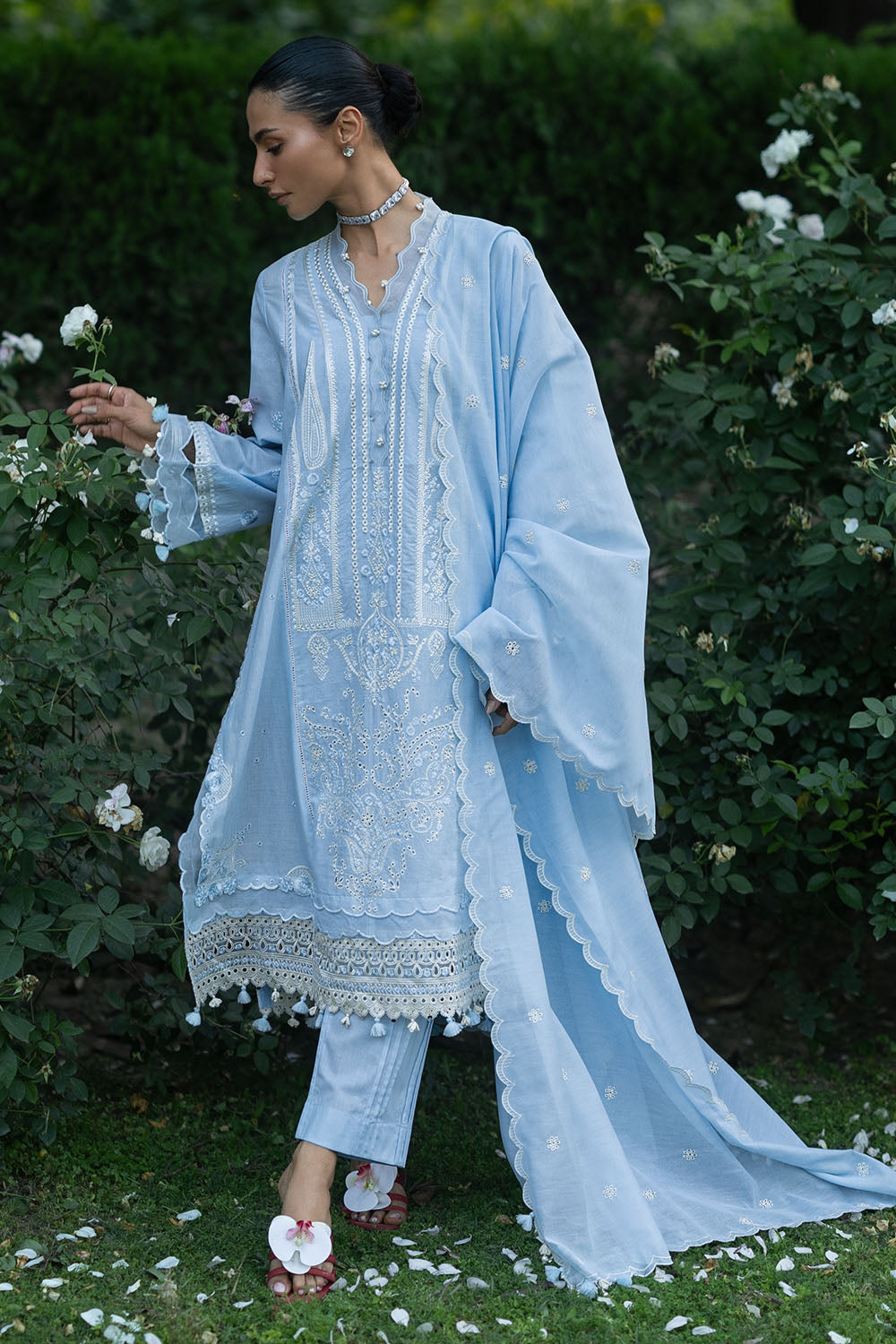 3 Piece Embroidered Lawn Suit with Embroidered Organza Borders and Embroidered Paper Cotton Dupatta