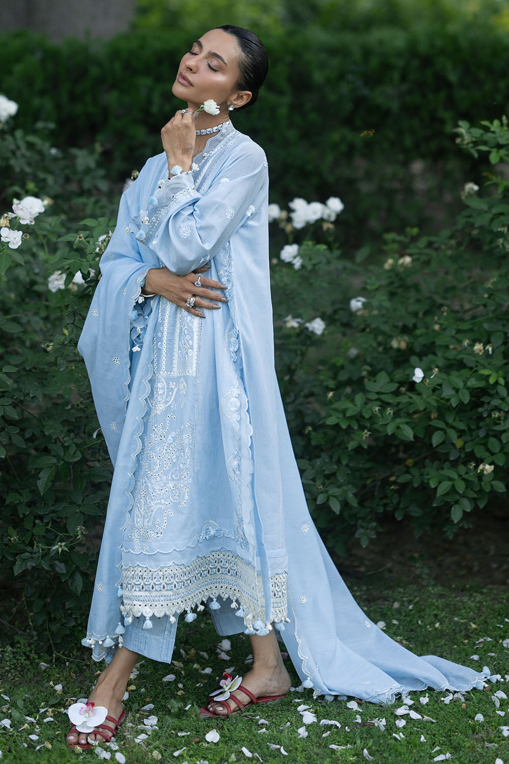 3 Piece Embroidered Lawn Suit with Embroidered Organza Borders and Embroidered Paper Cotton Dupatta