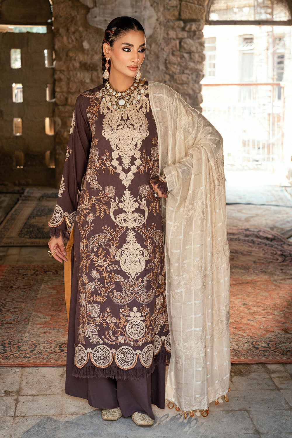 3 Piece Embroidered Pashmina Suit with Embroidered Karandi Shirt and Dyed Trouser