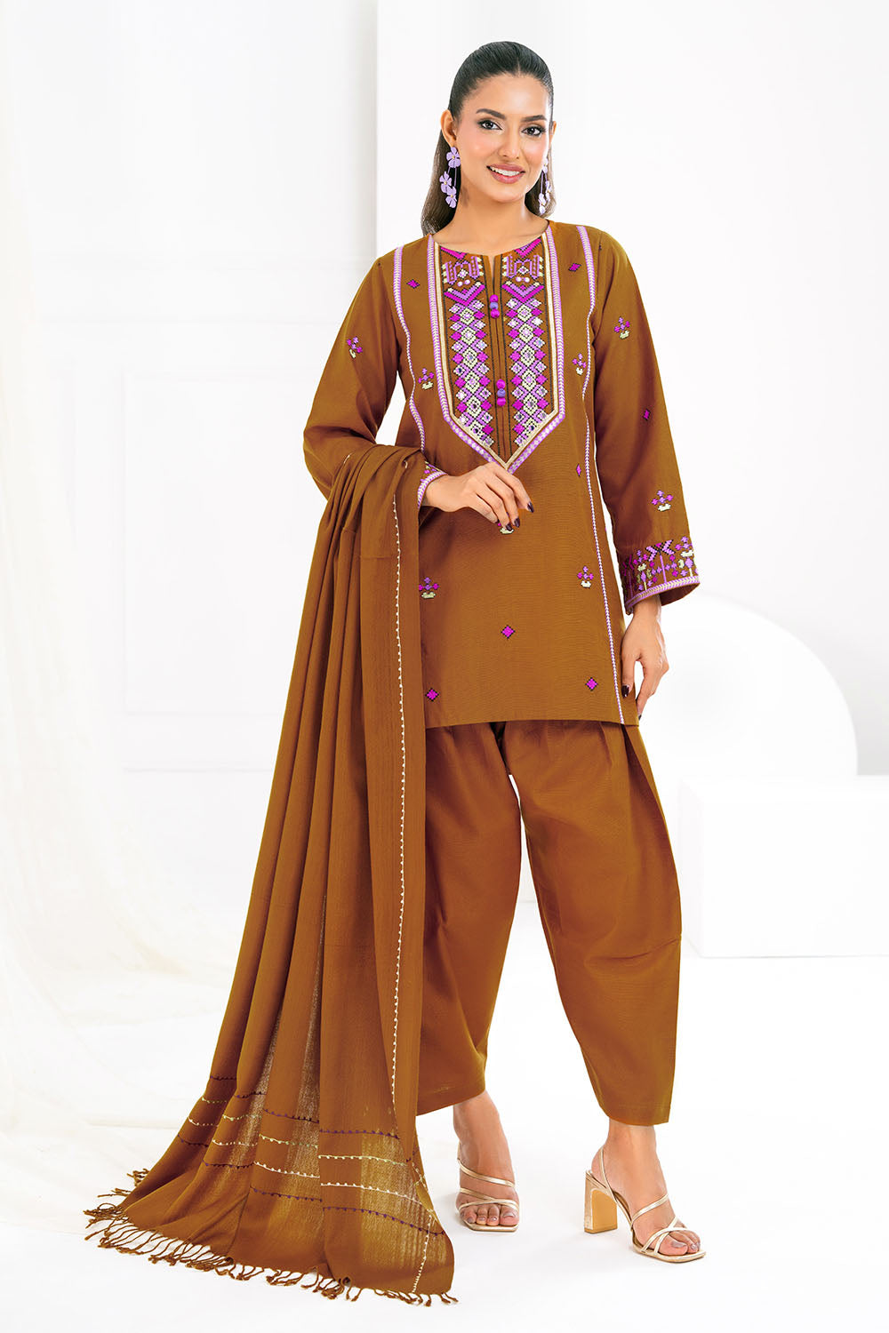 3 Piece Embroidered Khaddar Suit with Pashmina Shawl