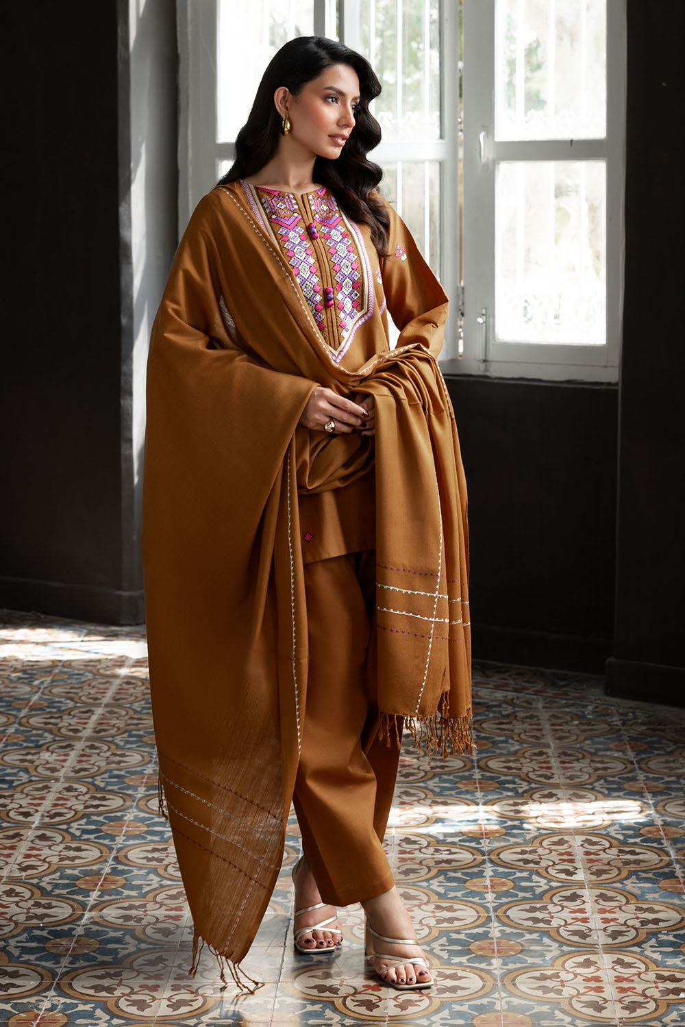 3 Piece Embroidered Khaddar Suit with Pashmina Shawl