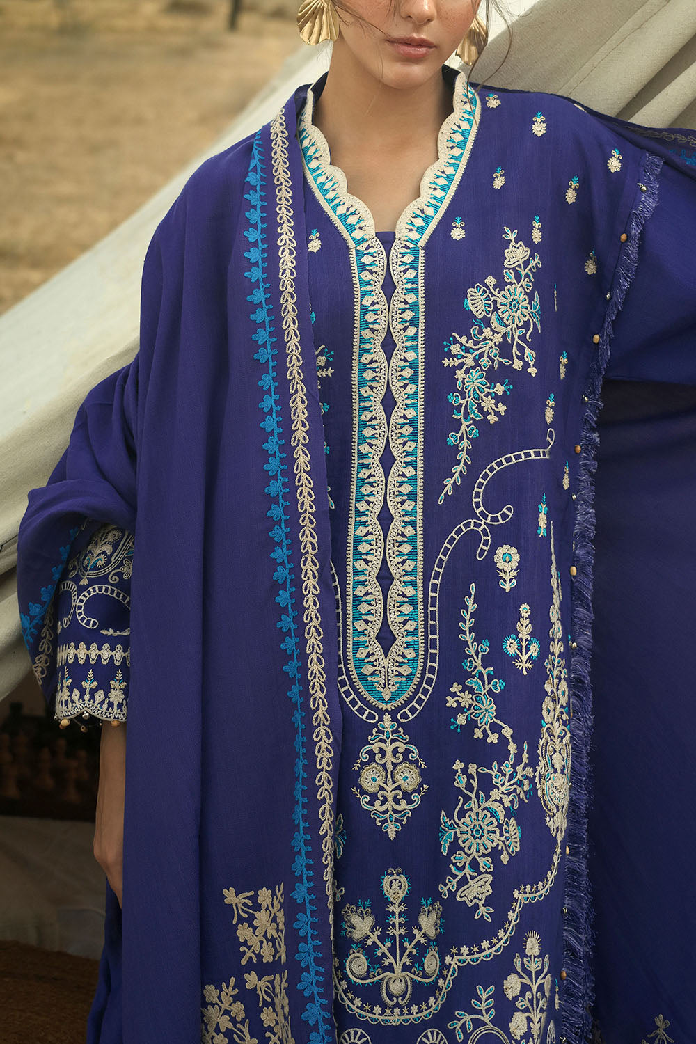 3 Piece Embroidered Khaddar Suit with Embroidered Pashmina Dupatta