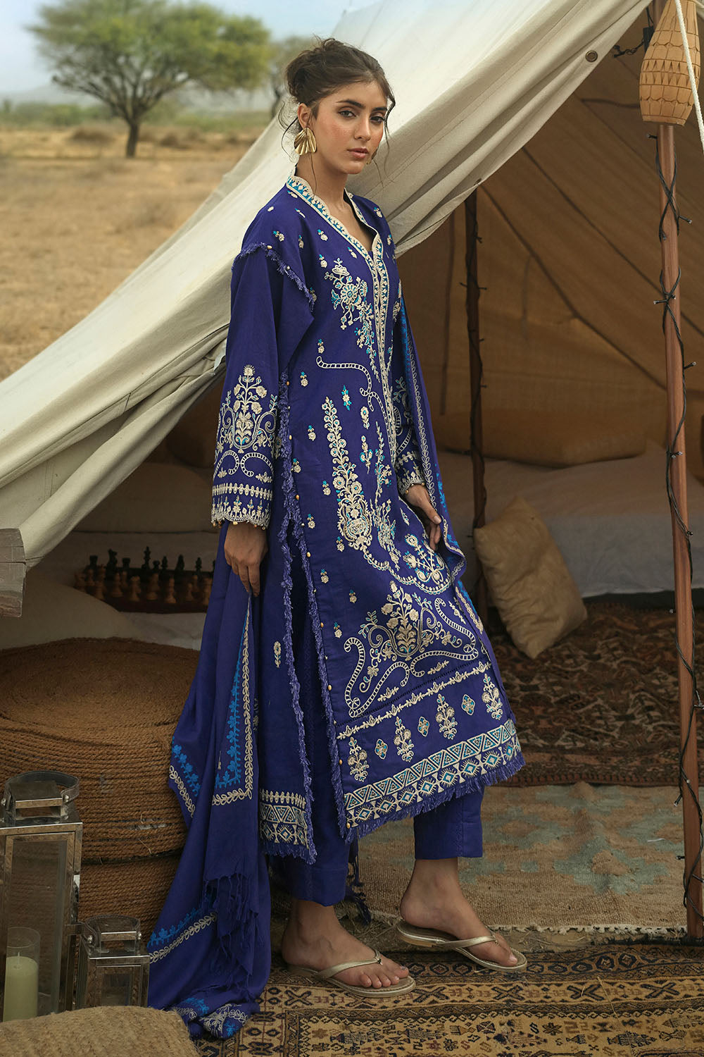 3 Piece Embroidered Khaddar Suit with Embroidered Pashmina Dupatta