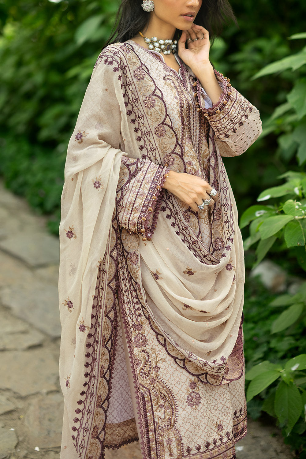 3 Piece Embroidered Glitter Printed Lawn Suit with Embroidered Organza Borders and Embroidered Printed Chiffon Dupatta