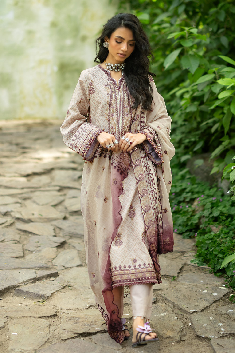 3 Piece Embroidered Glitter Printed Lawn Suit with Embroidered Organza Borders and Embroidered Printed Chiffon Dupatta