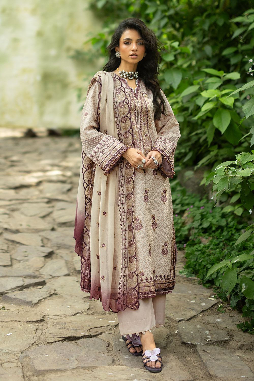 3 Piece Embroidered Glitter Printed Lawn Suit with Embroidered Organza Borders and Embroidered Printed Chiffon Dupatta