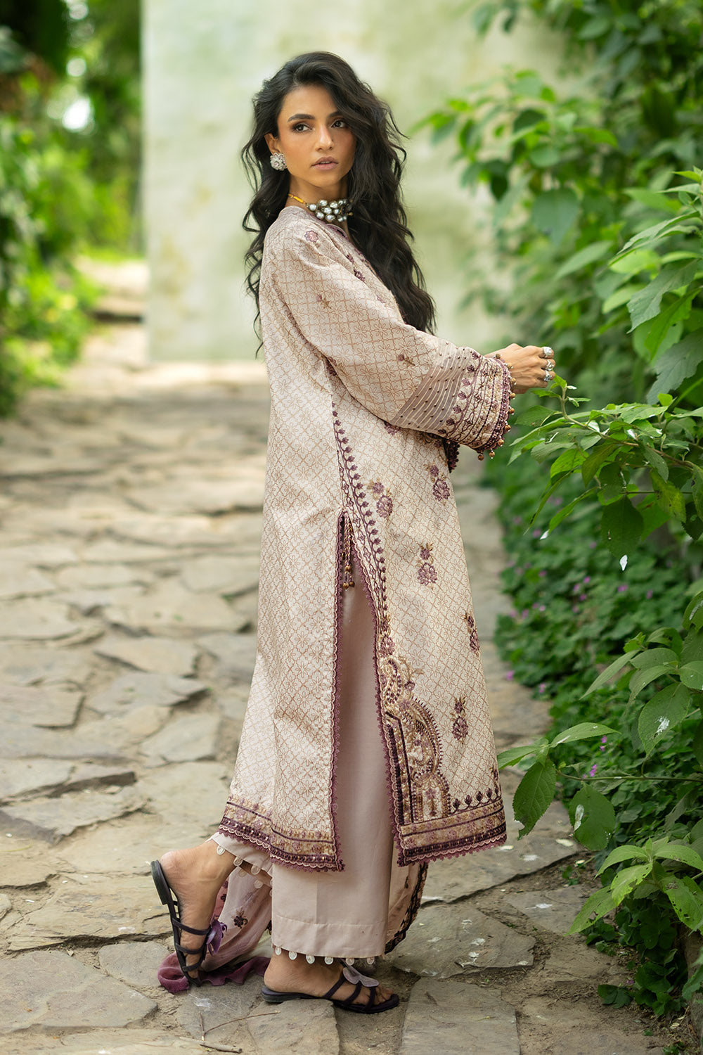 3 Piece Embroidered Glitter Printed Lawn Suit with Embroidered Organza Borders and Embroidered Printed Chiffon Dupatta