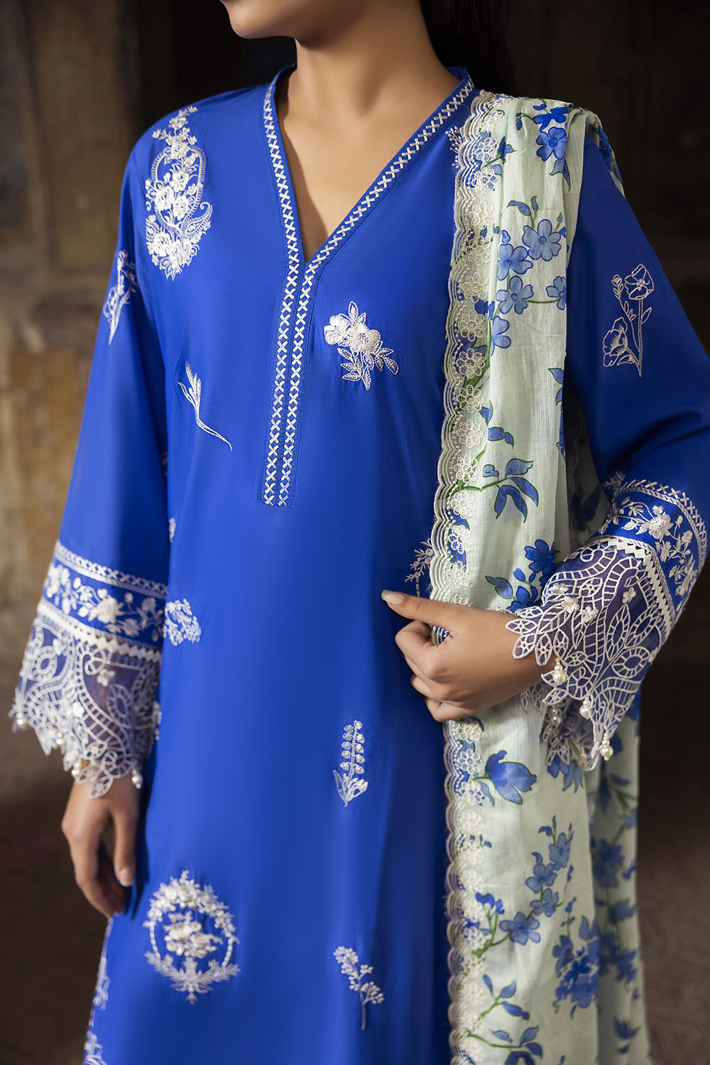 3 Piece Embroidered Lawn Suit With Embroidered Printed Denting Dupatta And Embroidered Trouser Border