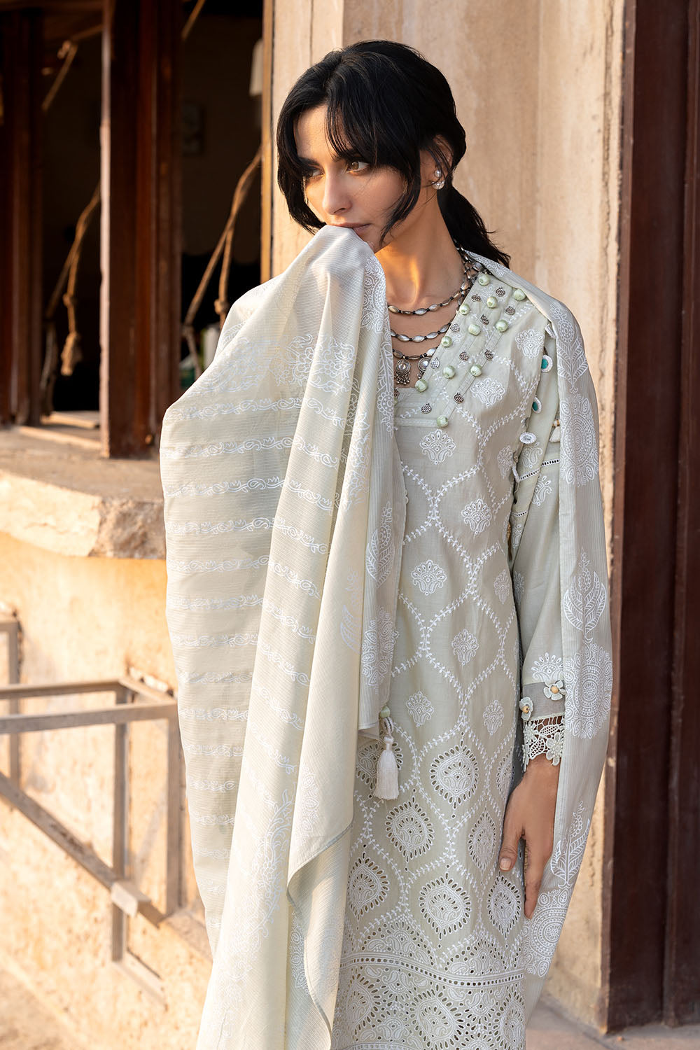 3 Piece Schiffli Embroidered Lawn Suit With Embroidered Lacquer Printed Dupatta