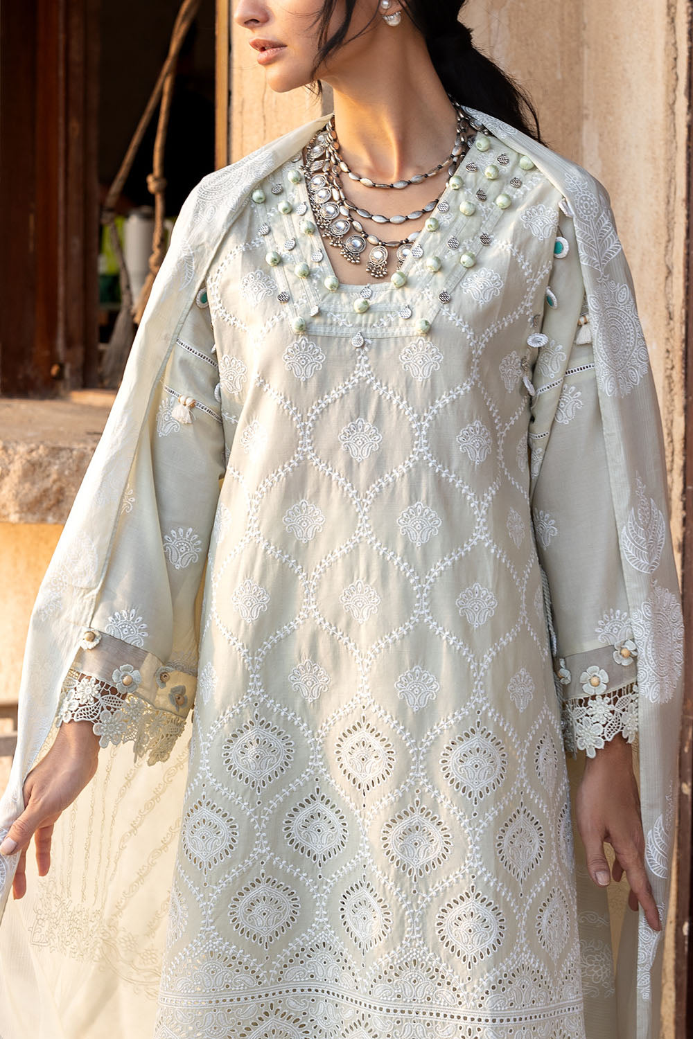 3 Piece Schiffli Embroidered Lawn Suit With Embroidered Lacquer Printed Dupatta