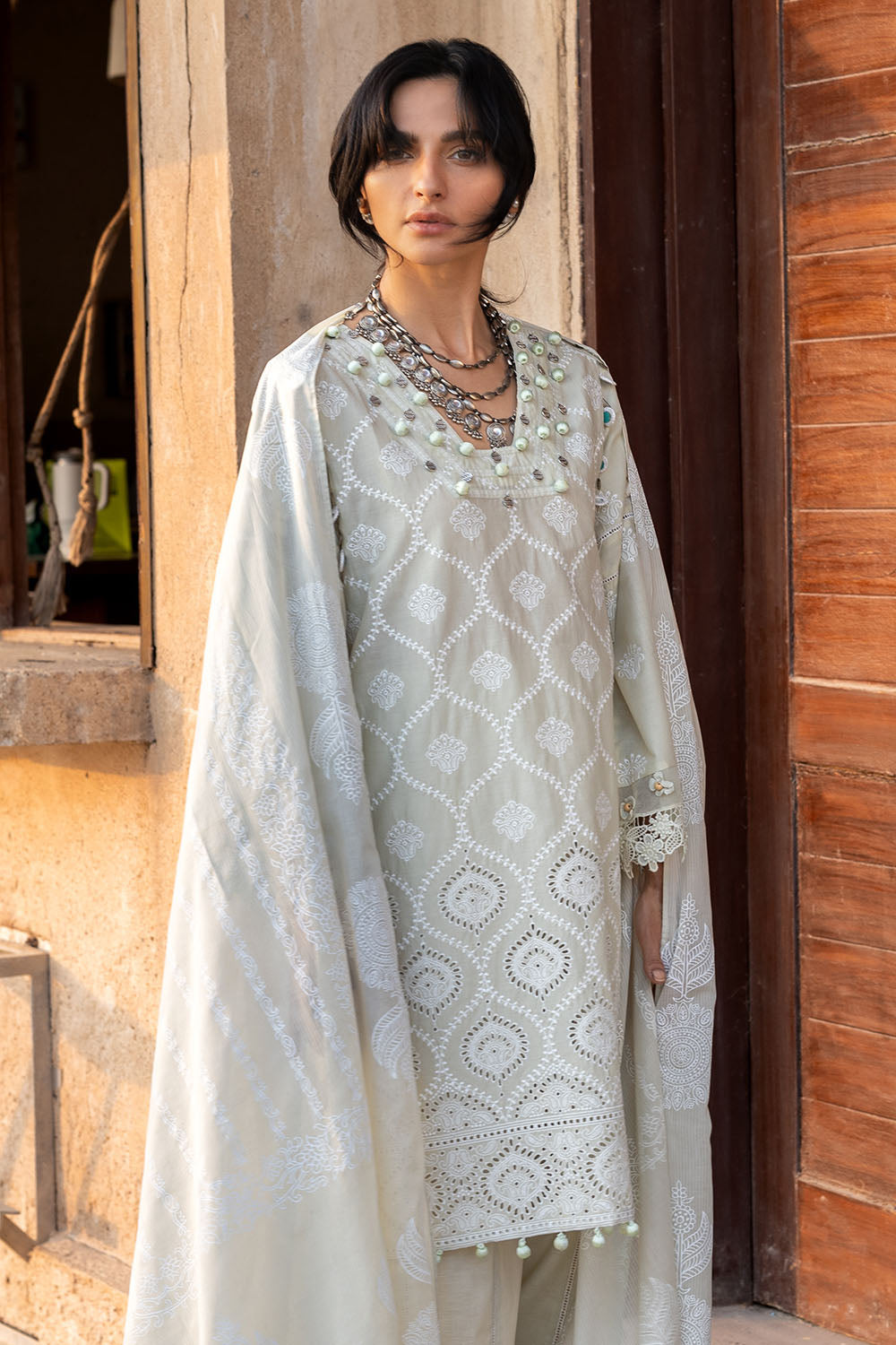 3 Piece Schiffli Embroidered Lawn Suit With Embroidered Lacquer Printed Dupatta