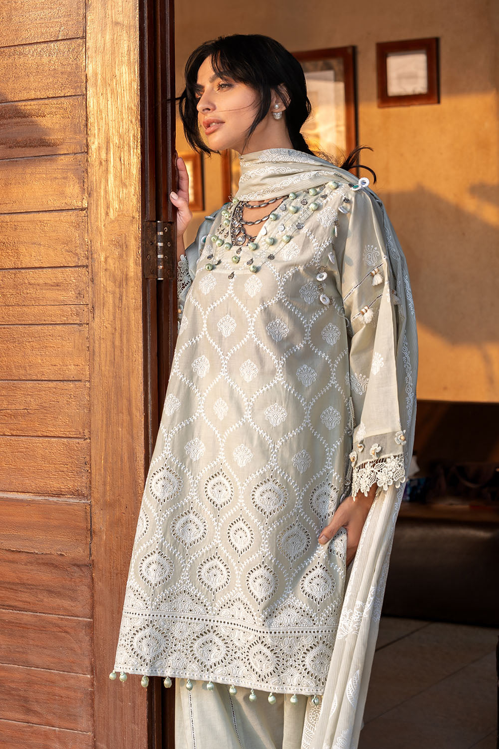 3 Piece Schiffli Embroidered Lawn Suit With Embroidered Lacquer Printed Dupatta
