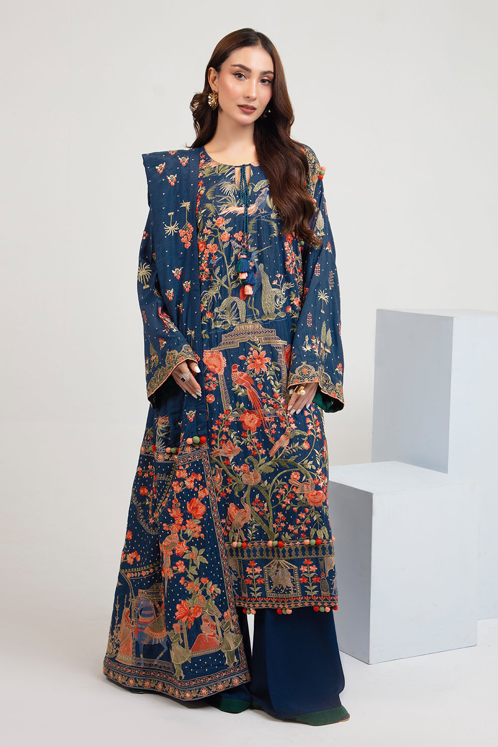 3 Piece Embroidered Raw Silk Suit with Side Panels and Dupatta