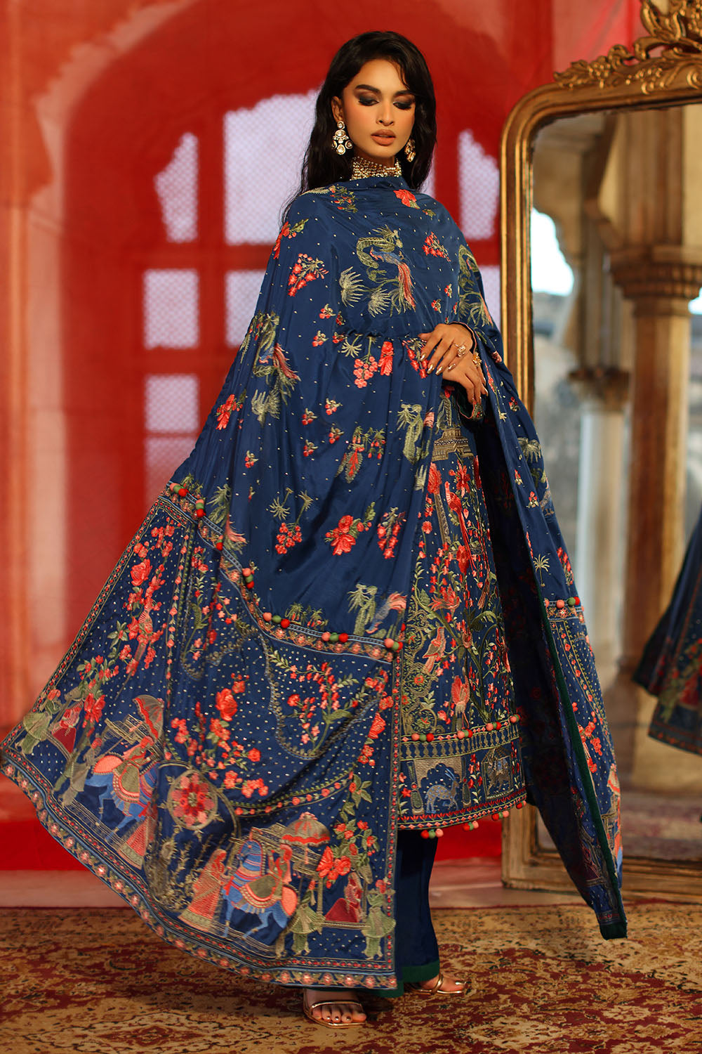 3 Piece Embroidered Raw Silk Suit with Side Panels and Dupatta