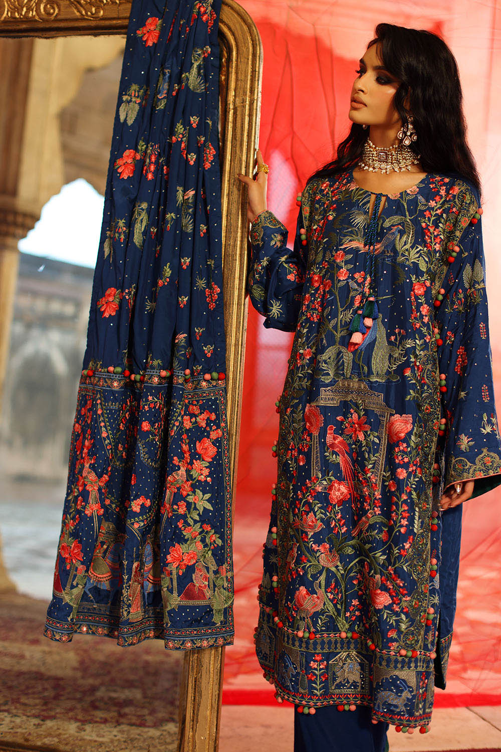 3 Piece Embroidered Raw Silk Suit with Side Panels and Dupatta
