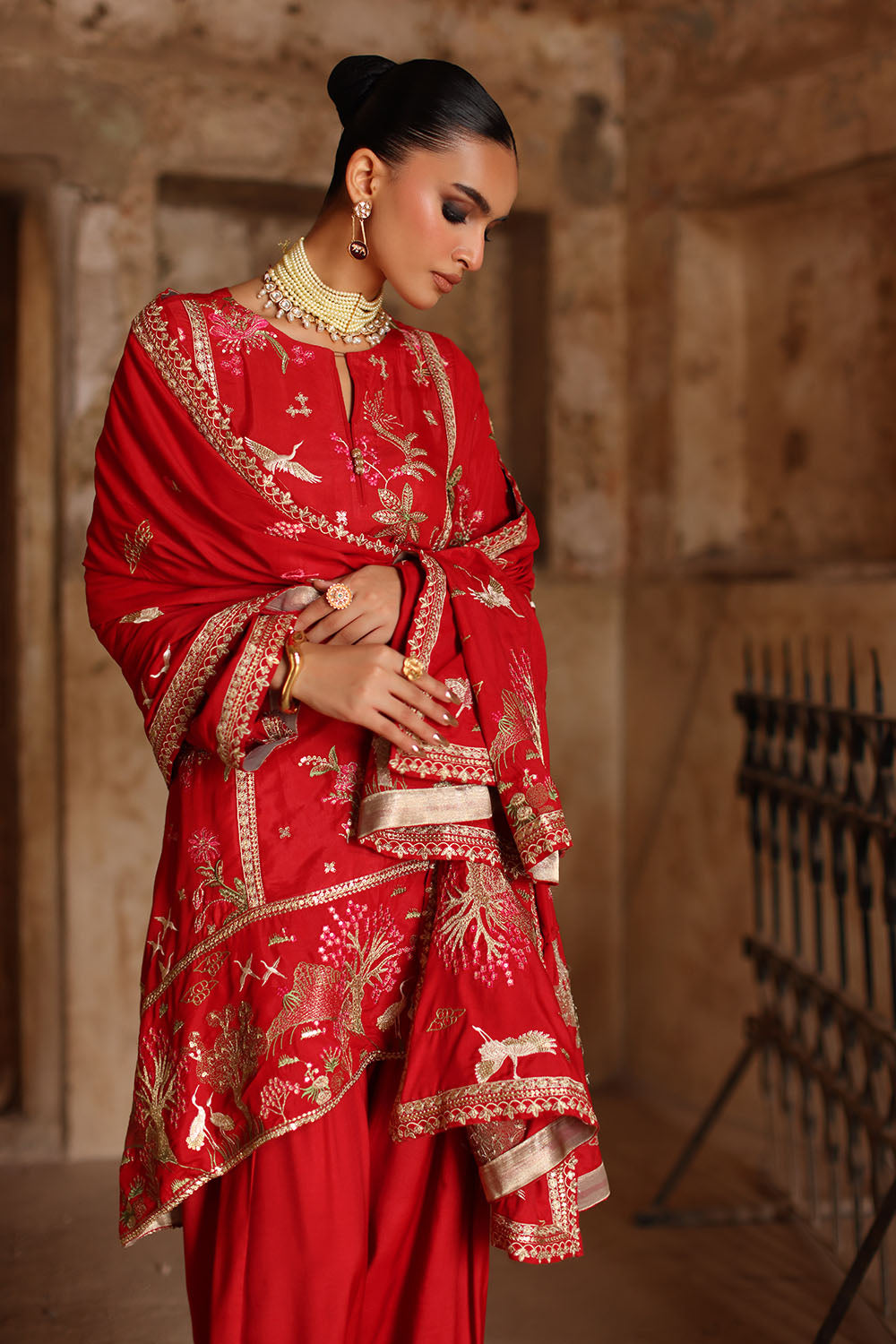 3 Piece Embroidered Raw Silk Suit With Lace And Dupatta