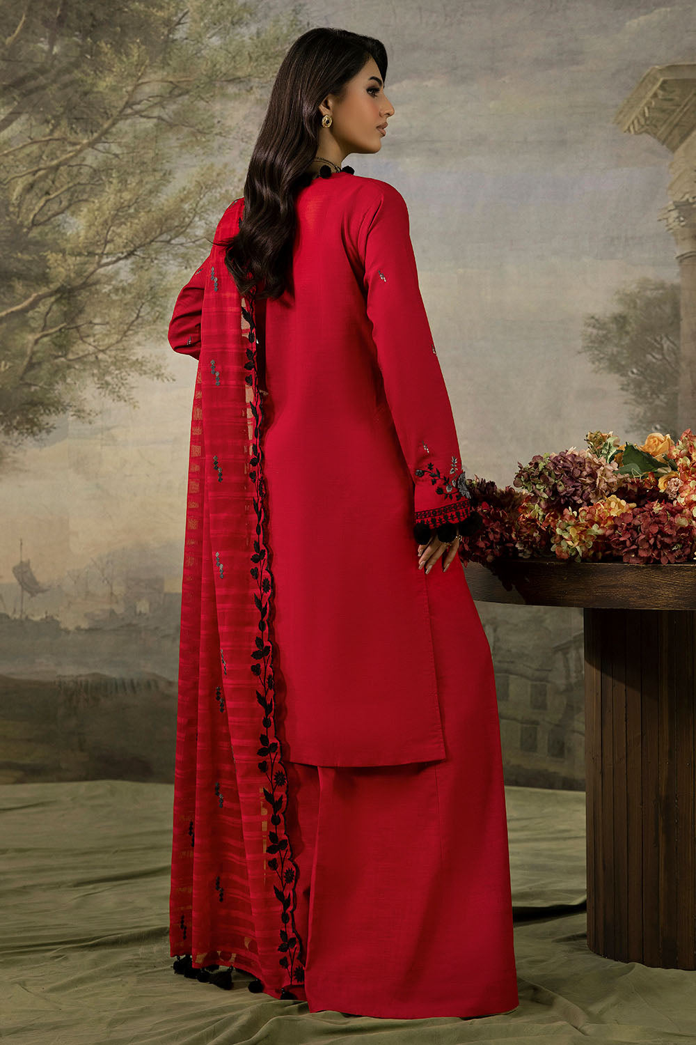 3 Piece Stripe Embroidered Khaddar Suit with Handwork and Lace