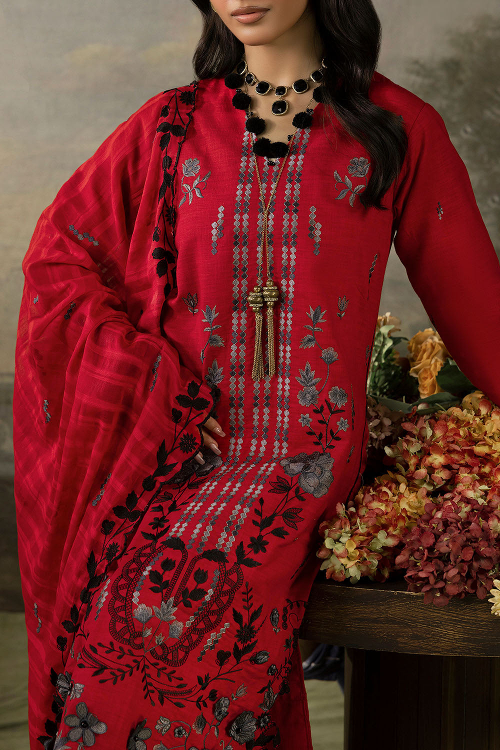 3 Piece Stripe Embroidered Khaddar Suit with Handwork and Lace